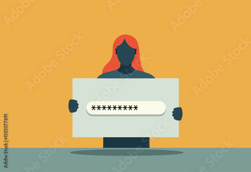 Flat art concept of person trapped behind digital password interface, representing personal boundaries, emotional reserve, and introversion
