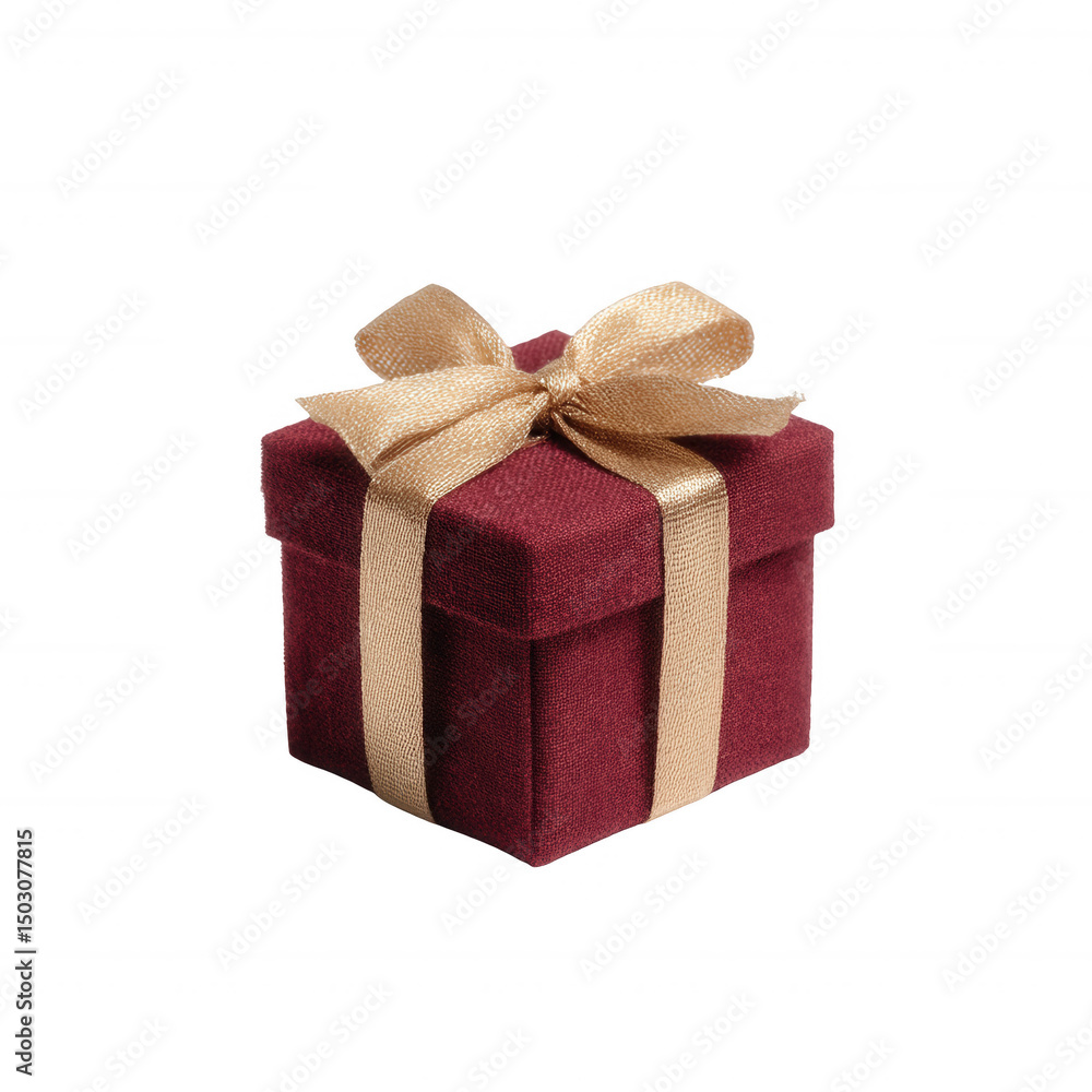 Obraz premium Small luxurious gift box in deep burgundy color, adorned with a shiny gold ribbon, ideal for special occasions like birthdays or anniversaries, against a white isolated background.