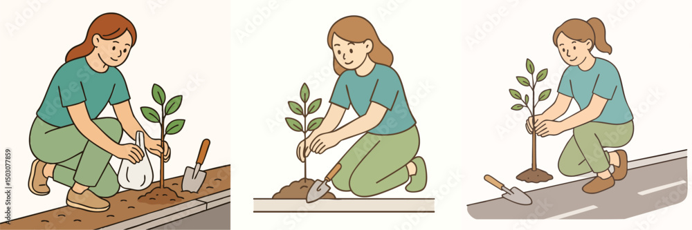 Vector collection of teenage girls planting trees on the side of the road, wearing turquoise t-shirts and light green pants Vector collection of teenage girls planting trees on the side of the road, wearing turquoise t-shirts and light green pants