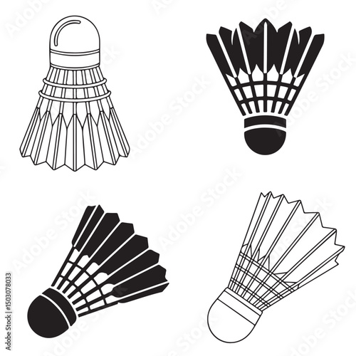 set vector various Badminton Shuttlecock Illustrations  line art outline Black and White, Badminton shuttlecock icon vector silhouettes, 
