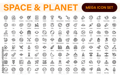 Modern Space and Planet Icons – Clean Outline, Line Art, and Vector Illustrations for Astronomy, Space Exploration, Planets, and Solar System Designs