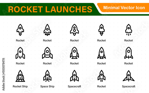 Rocket Launch Icon Pack – Clean Outline, Line Art, and Vector Illustrations for Space Missions, Satellite Launches, and Aerospace Projects
