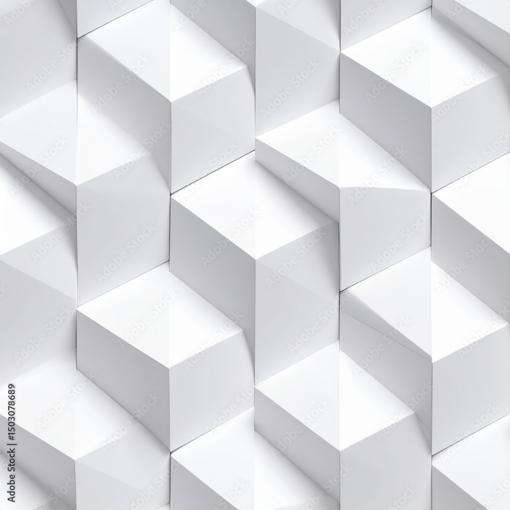 Obraz premium Seamless White Geometric Pattern Featuring Three-Dimensional Cubes and Pyramids for Modern Design Applications