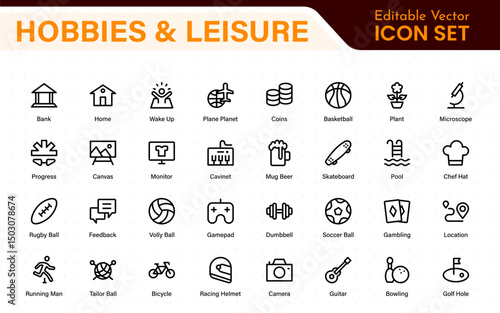 Creative Hobbies and Leisure Icons – Clean Outline, Line Art, Vector Illustrations for DIY Crafts, Outdoor Fun, Entertainment, and Recreation Projects