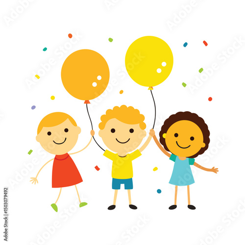 Cheerful children holding balloons celebrating with colorful confetti decorations