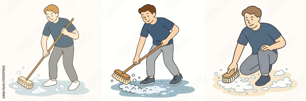 vector illustration collection of man brushing the floor using brush and soap, man wearing blue t-shirt and grey pants vector illustration collection of man brushing the floor using brush and soap, man wearing blue t-shirt and grey pants