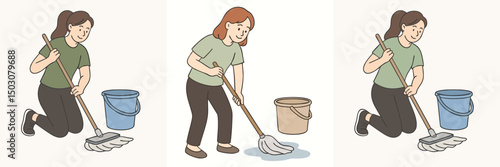 vector illustration collection of woman mopping the floor using mop and floor freshener, woman wearing green t-shirt and black pants