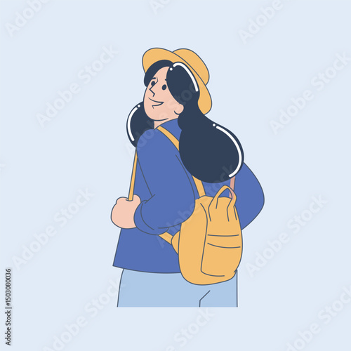 Solo Female Traveler with Backpack Looking Back Flat Illustration