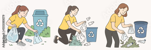 vector illustration collection of women picking up recyclables and throwing them into the trash can, women wearing bright yellow t-shirts and black pants