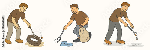 vector illustration collection of men picking up trash in the river with iron tongs and putting it in a sack, men wearing brown t-shirts and jeans