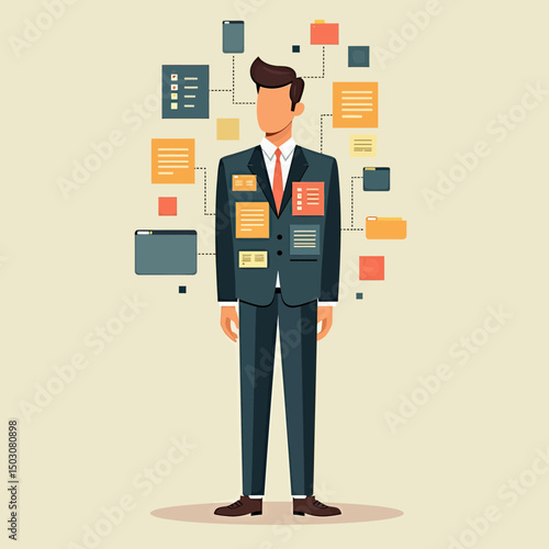 Funny minimalist illustration of person with desktop-like clutter on body—folders, sticky notes, and reminders—symbolizing task overload in flat style
