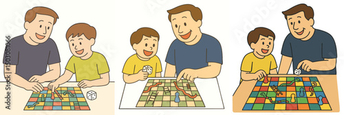 Vector Illustration collection of father and son playing snakes and ladders, father in navy blue shirt, son in lime yellow shirt