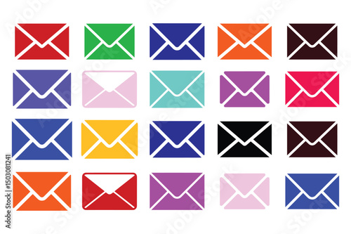 Set of envelope icons in various colors and styles isolated on white background