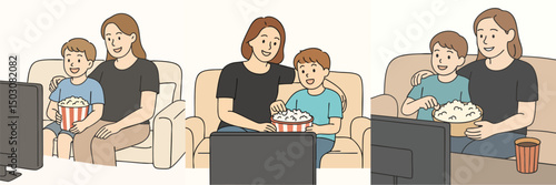 Vector collection of mother and son watching movie together on sofa, mother wearing black t-shirt, son in sky blue t-shirt