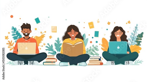Colorful flat vector illustration showing diverse students studying online with laptops and books, inclusive education technology concept. Young multicultural group studying together,