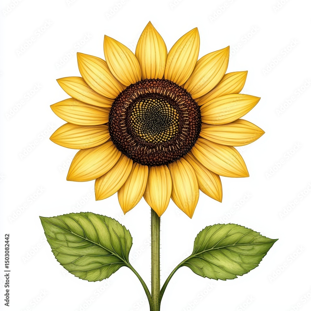Detailed Sunflower Illustration with Green Leaves on White Background Detailed Sunflower Illustration with Green Leaves on White Background