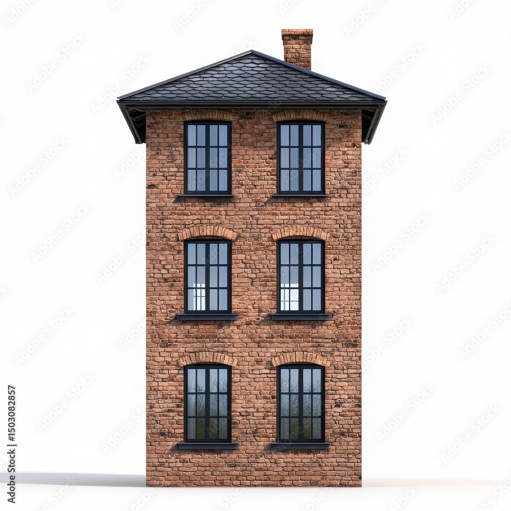 Fototapeta premium Detailed Three Story Brick Building with Black Window Frames and Dark Gray Roof