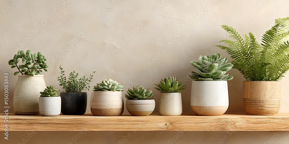 Fototapeta premium Wooden shelf, right: small potted succulents, fern in white pots. Light beige wall, empty left. Minimalist, clean interior, soft natural light.