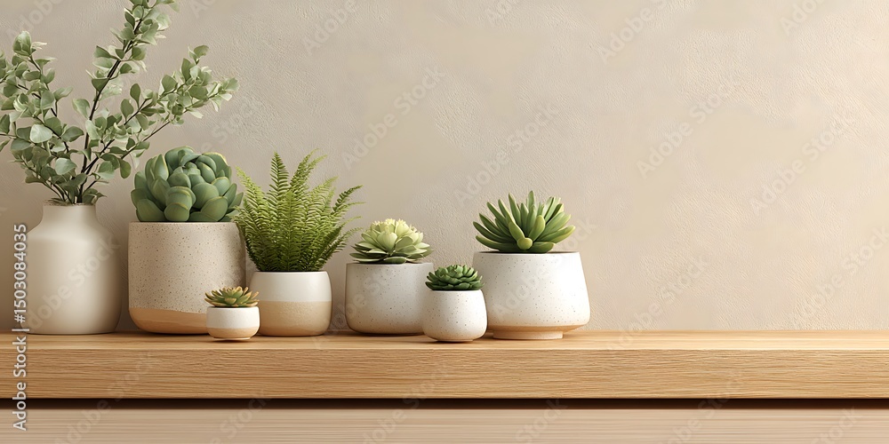 Fototapeta premium Wooden shelf, right: small potted succulents, fern in white pots. Light beige wall, empty left. Minimalist, clean interior, soft natural light.