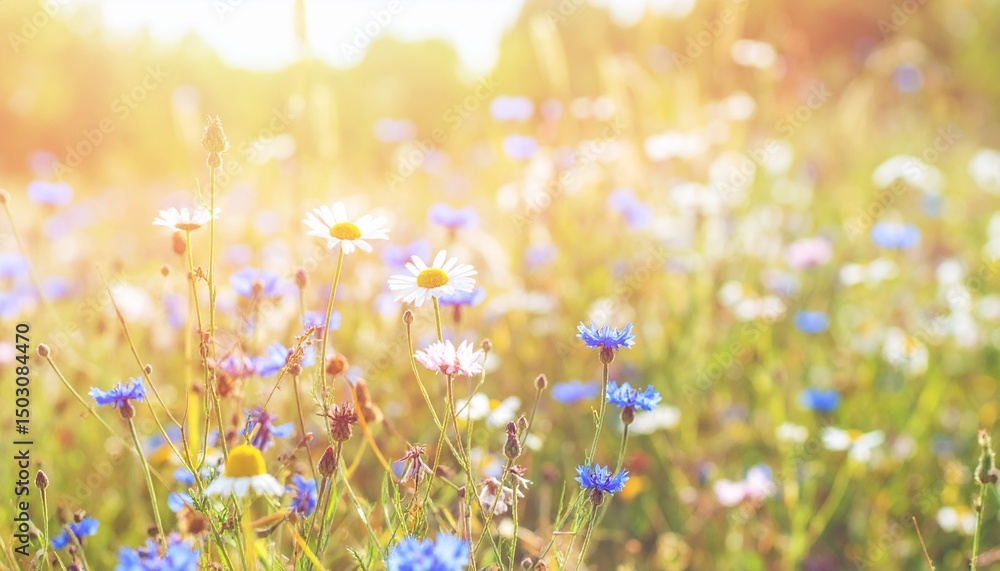 Fototapeta premium Wild colorful flowers, mix of camomile, cornflower, clove and other in blurred filte 