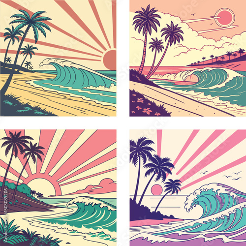 A retro beach with waves, palm trees, and a synthwave sun. 