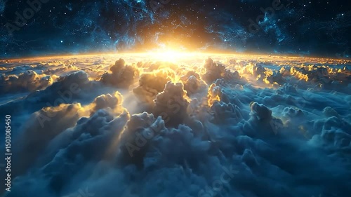Breathtaking aerial view of celestial clouds, shining horizon and cosmic stars