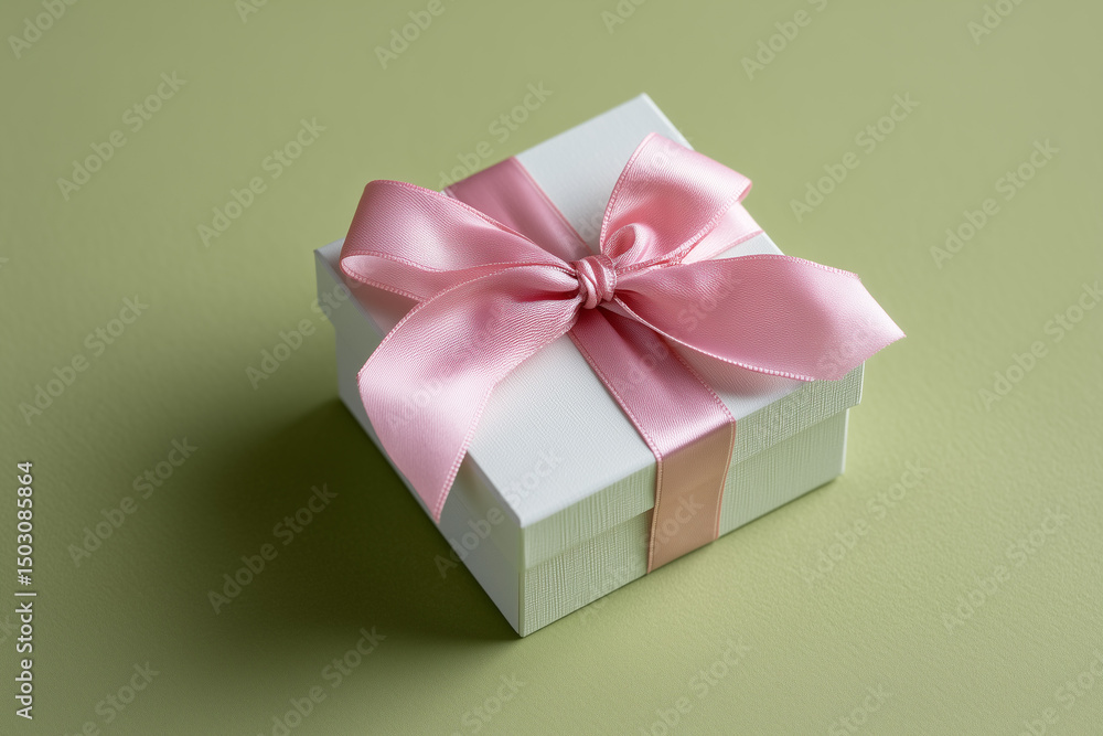 Green colored gift box with a pink bow on a olive background. Green colored gift box with a pink bow on a olive background.