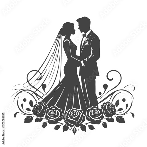 Romantic silhouette of bride and groom with roses