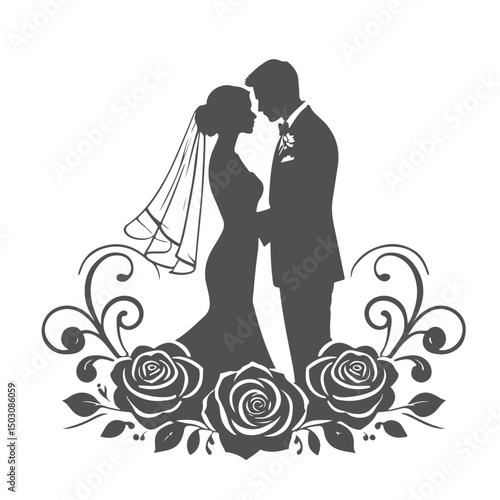 Romantic silhouette of bride and groom with roses