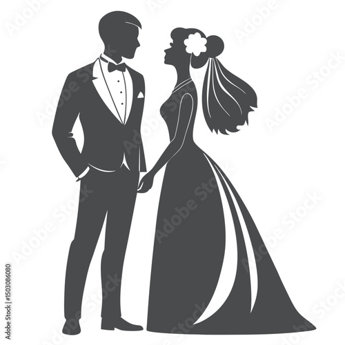 Elegant silhouette of bride and groom holding hands