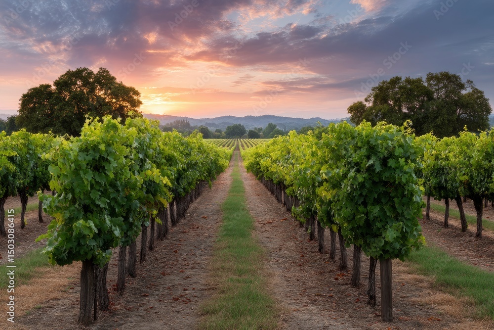 Naklejka premium Serene Vineyard Sunset: Rows of Lush Grapevines at Golden Hour