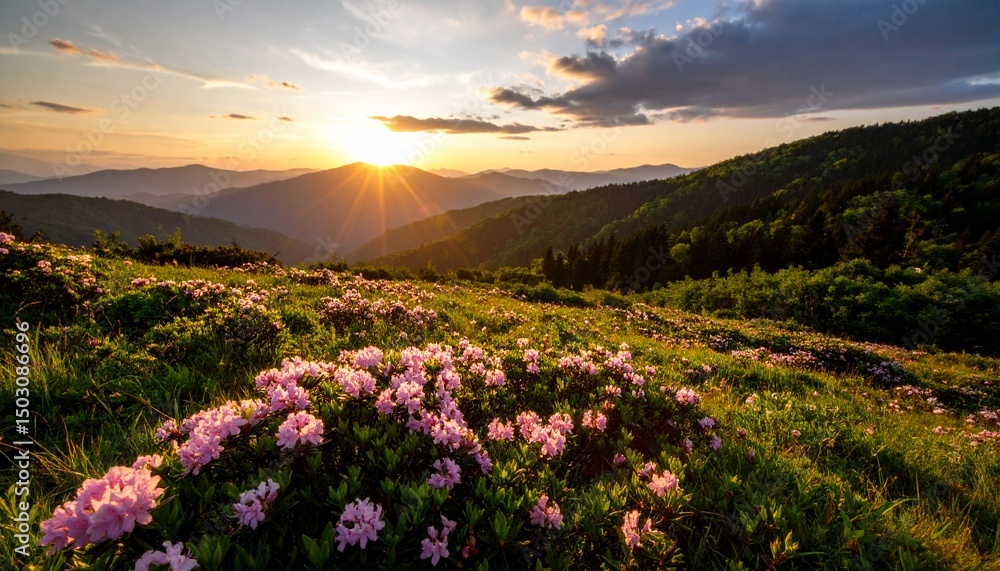 Obraz premium Scenic summer sunset over wild aster flowers in the Great Smoky Mountains 