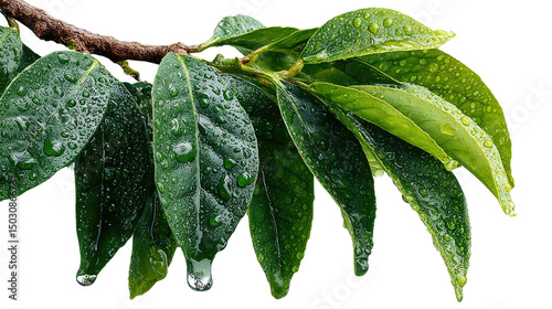 Rain-Kissed Foliage: A close-up of lush green leaves on a branch glistening with droplets, a symbol of nature's renewal and serenity.