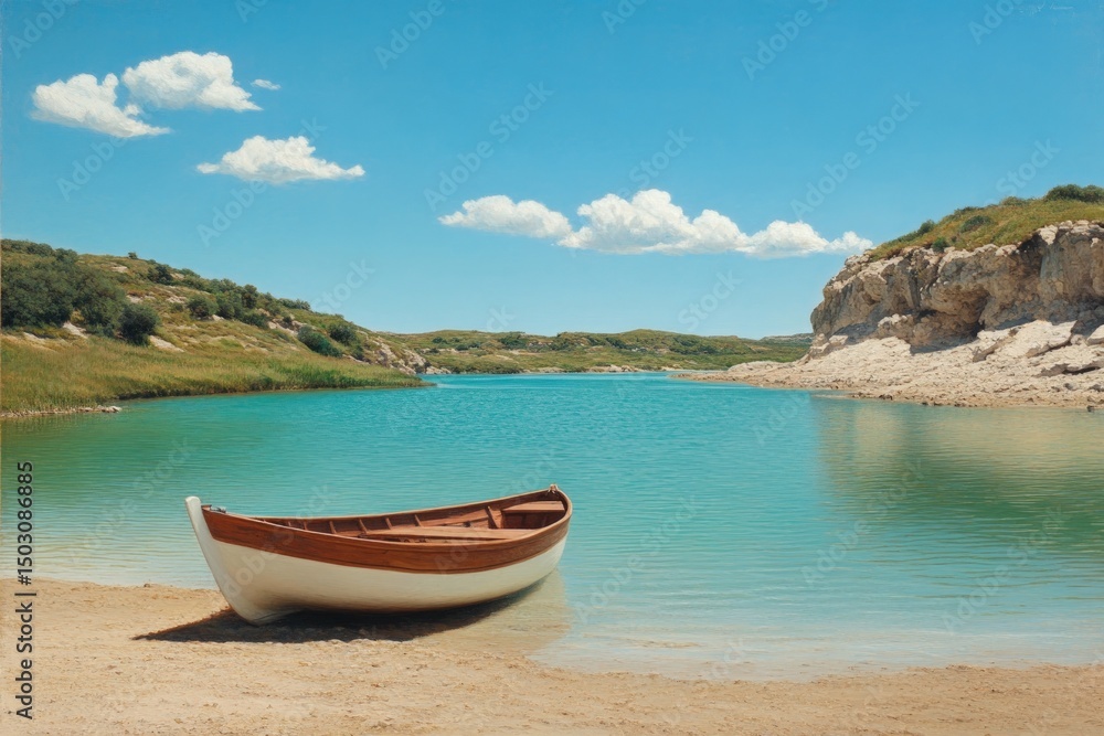 Tranquil lake scene with wooden rowboat resting on sandy beach Tranquil lake scene with wooden rowboat resting on sandy beach