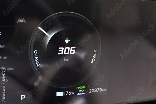 Closeup view of the dashboard of an electric vehicle