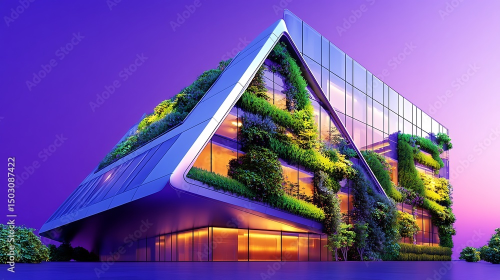 Fototapeta premium A luxurious commercial building with sleek glass walls, an asymmetrical design, and green vertical gardens, set against a rich purple background