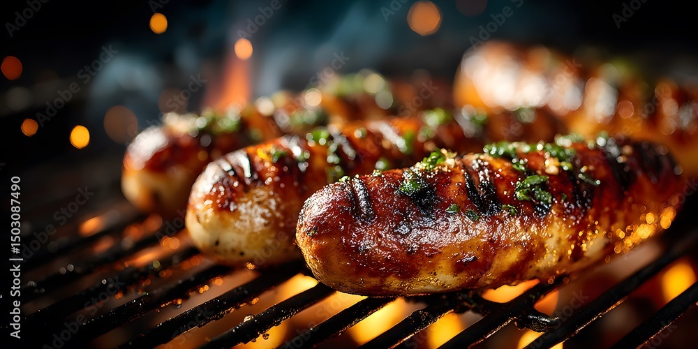 Sizzling Frankfurter sausages on barbecue grill, close-up. Prominent char marks, glowing hot embers visible. Appetizing food photography. Sizzling Frankfurter sausages on barbecue grill, close-up. Prominent char marks, glowing hot embers visible. Appetizing food photography.