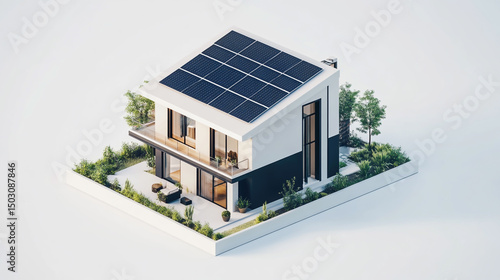 3D icon of a modern house with solar panels on the roof, isometric view, white background, black and navy blue color palette, plants around it, white floor, 2D illustration style, high resolution,  