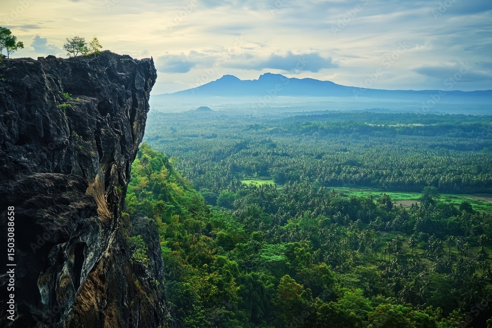 Fototapeta premium Dramatic clifftop vista overlooking lush valley and distant mountains