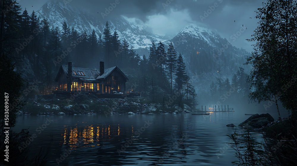 Fototapeta premium Serene Mountain Cabin by Misty Lake at Dusk in Enchanting Landscape
