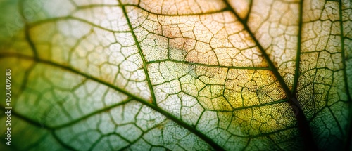 A close-up of a leaf's intricate venation pattern, showcasing the vibrant green and yellow hues resembling a natural mosaic of life.