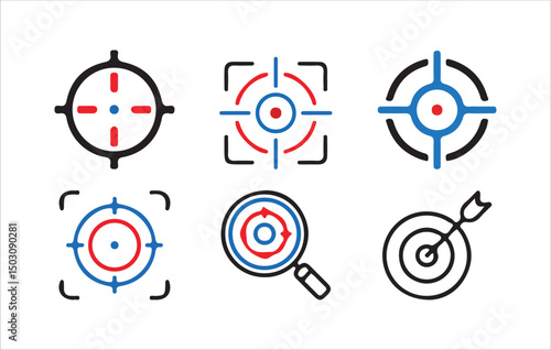 Target icons set. Goal symbol collection. Simple target with arrow. Darts icon.  successful shot in the darts target.