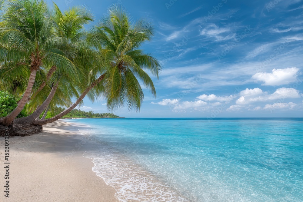 Serene Tropical Beach: Palm Trees, Turquoise Waters, and Sunny Skies Serene Tropical Beach: Palm Trees, Turquoise Waters, and Sunny Skies