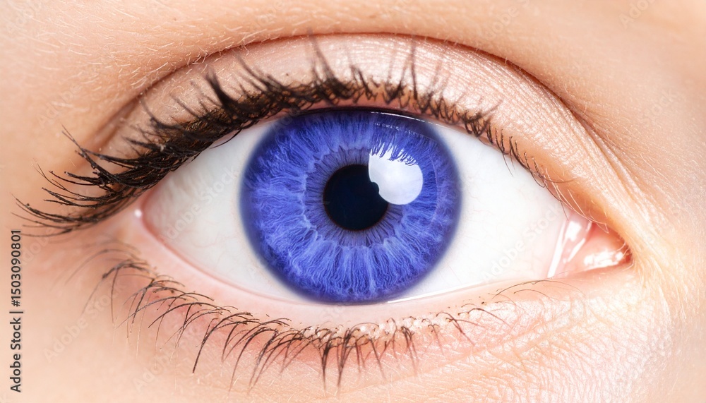 Fototapeta premium Macro photo of colored purple human eye texture background. extreme blue eye macro