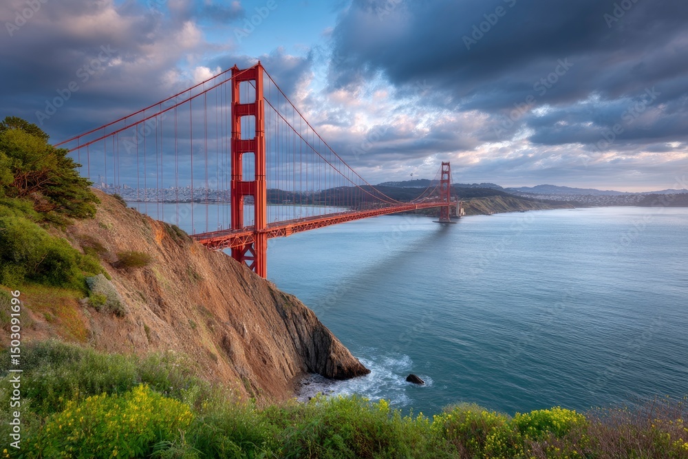 Fototapeta premium Golden Gate Bridge: Dramatic Sunset Vista, Coastal Serenity