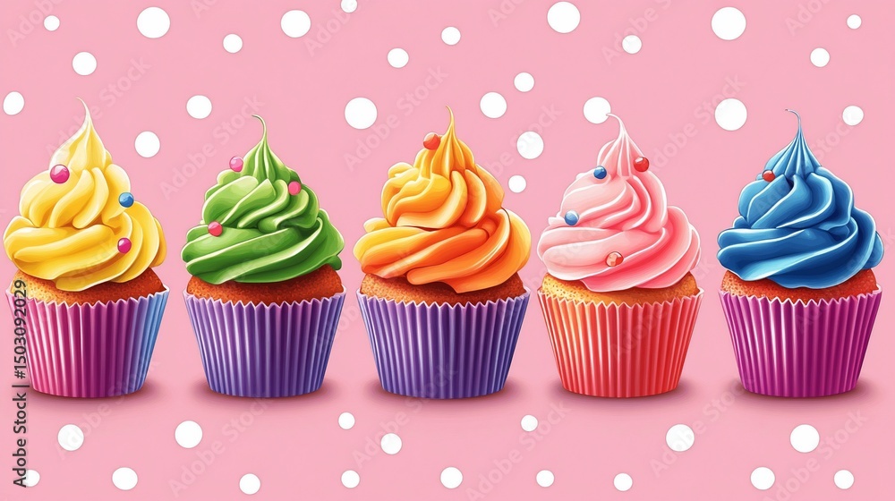 Delightful Row of Rainbow Cupcakes on Pink Delightful Row of Rainbow Cupcakes on Pink