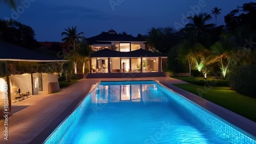 Aerial view of villa with pool glowing in twilight