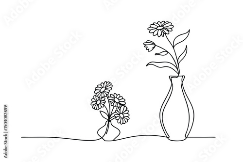 Simple line drawing of daisies in vases beautiful minimalist botanical floral art