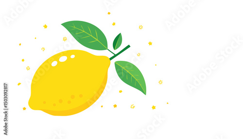 Three whole lemons with surrounding green leaves in a stylized flat design. Colorful and fun composition with copy space on a white background.