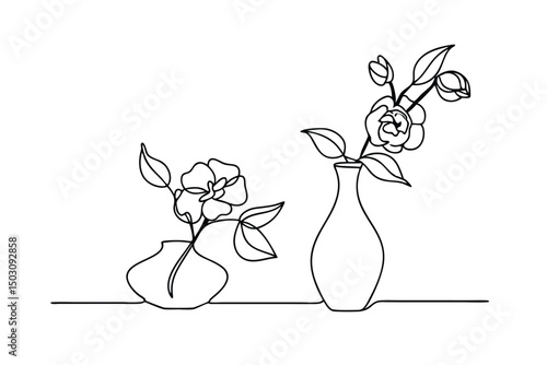 Elegant minimalist line art drawing of flowers in vases suitable for decoration